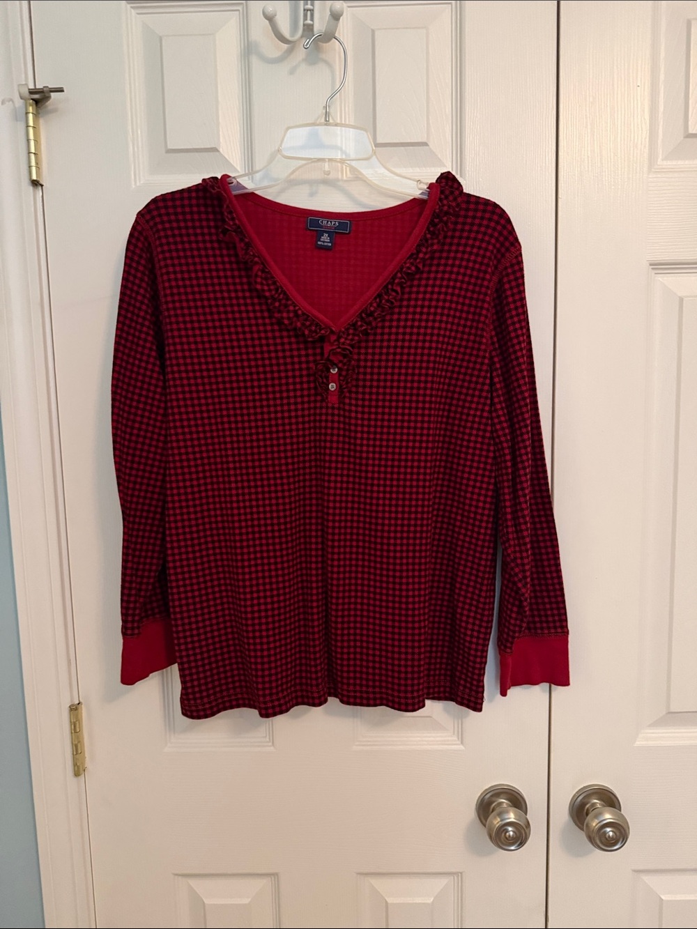 Chaps Red and Black Checked Ruffle V-Neck Long Sleeve Top 2X